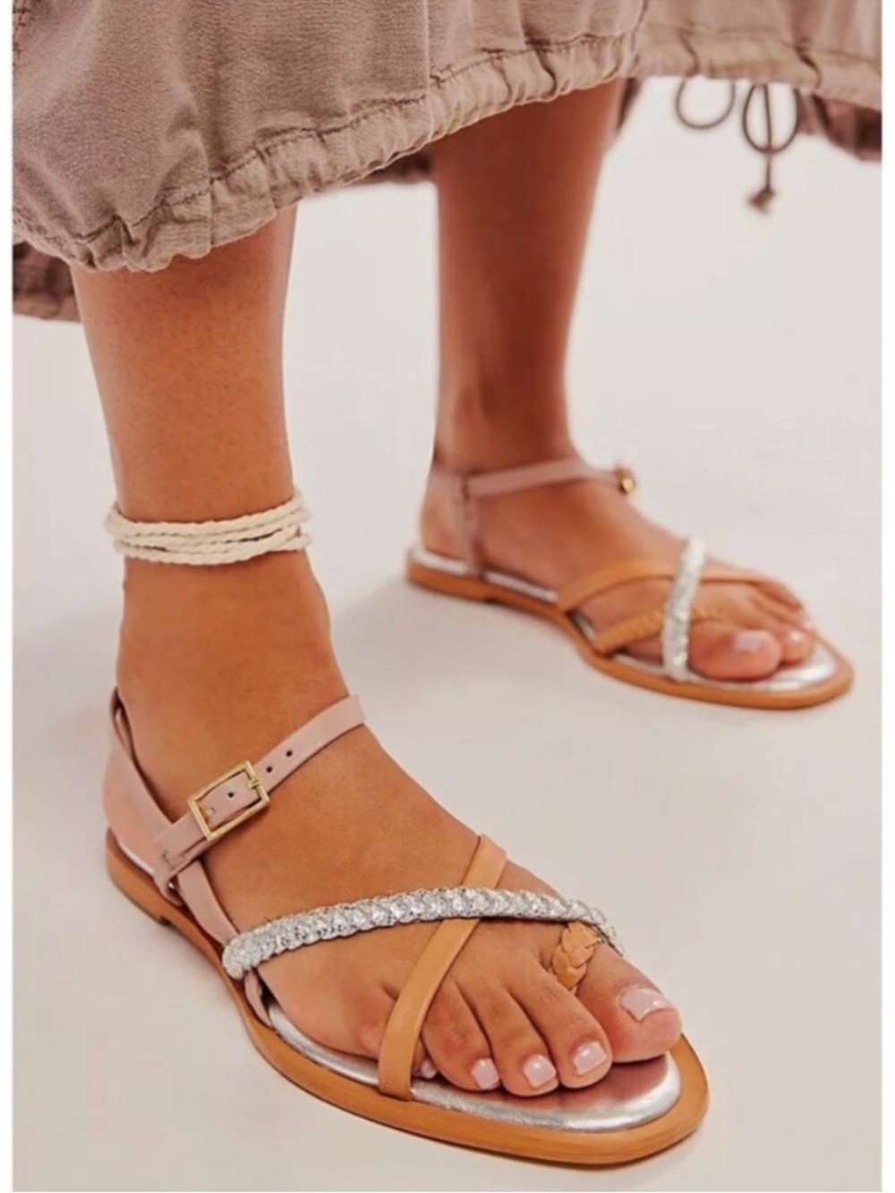 FREE PEOPLE Sunny Days Strappy Sandal Silver Tan Multi 6 6.5 7